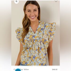 Avara Floral Ruffle Sleeve Top - Yellow and Blue Small (NWT)